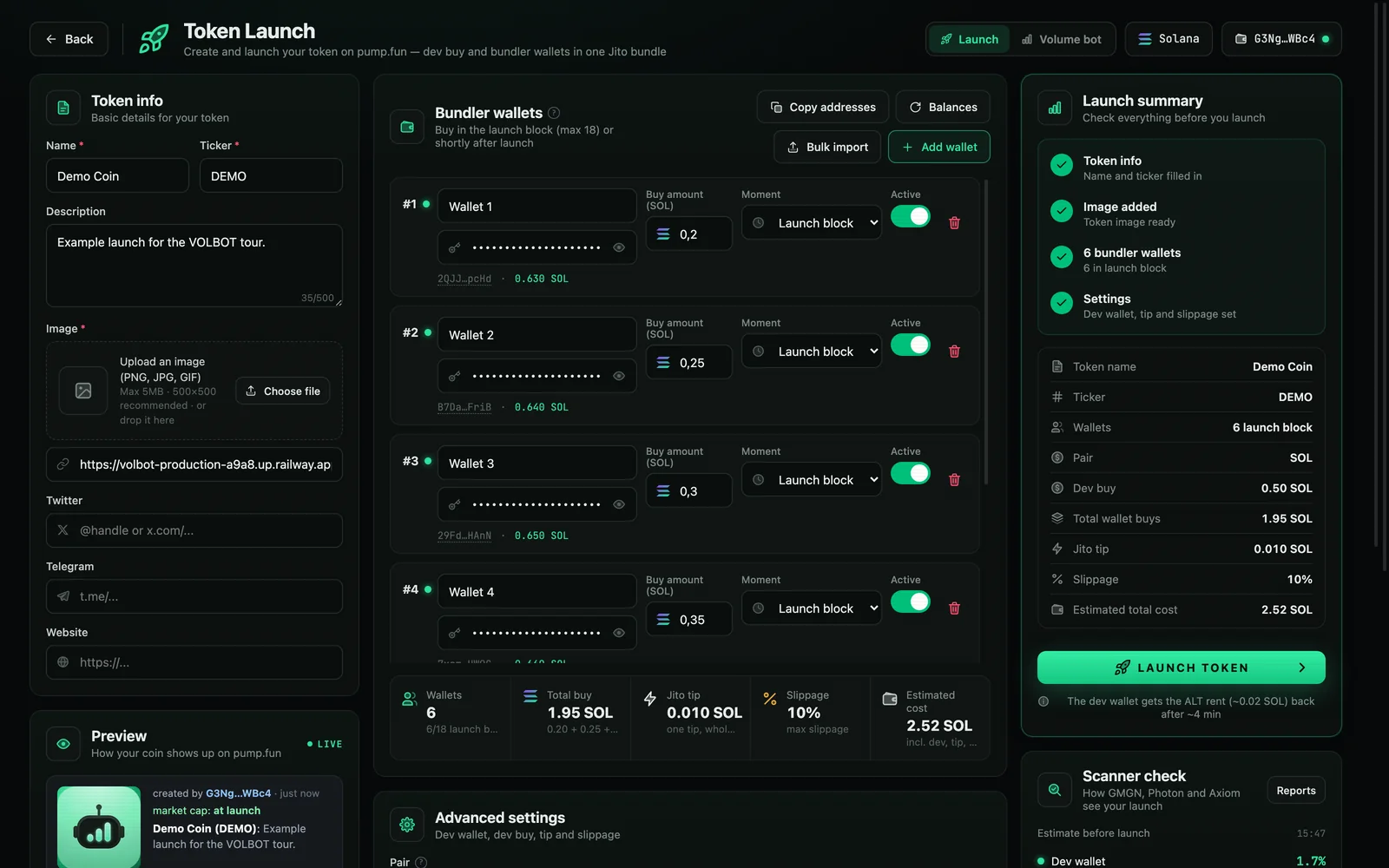 VOLBOT 1.1 launch page with scanner check